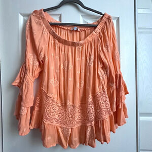 Cirana Womens Large Peach Off Shoulder Gauzy Embroidered Lace Boho Coastal Top